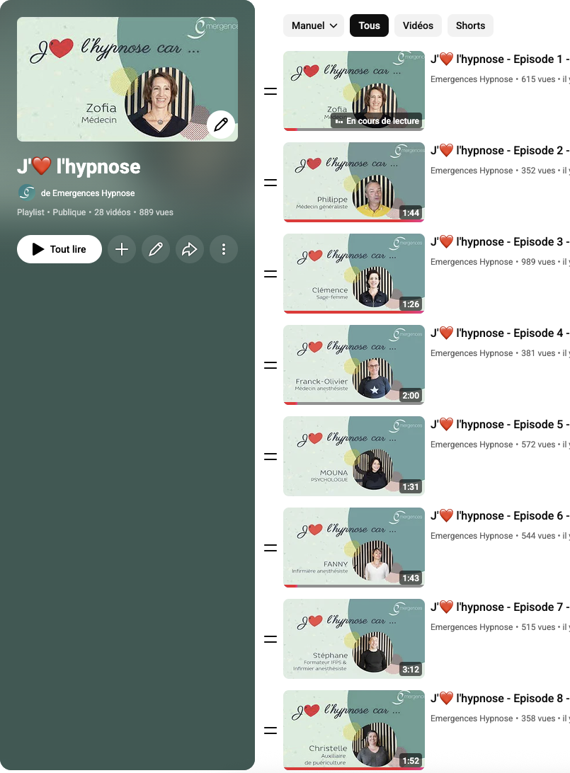 La playliste des vidéos J'aime l'hypnose
